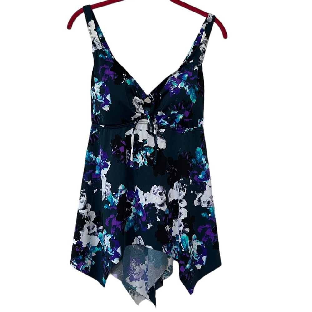 Women’s Floral Handkerchief Hem Swim Tankini Top - Navy/Teal/Purple